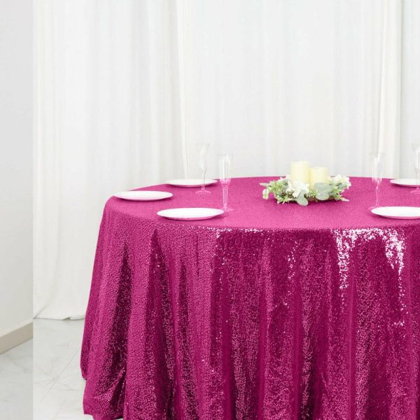 Sequin & Shimmer |  120″ Fuchsia Seamless Premium Sequin Round Tablecloth for 5 Foot Table With Floor-Length Drop