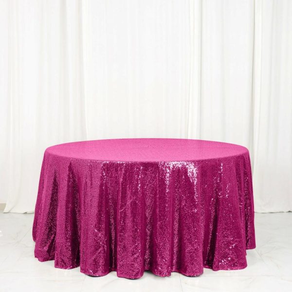 Sequin & Shimmer |  120″ Fuchsia Seamless Premium Sequin Round Tablecloth for 5 Foot Table With Floor-Length Drop