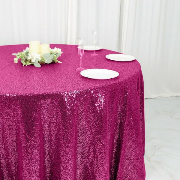 Sequin & Shimmer |  120″ Fuchsia Seamless Premium Sequin Round Tablecloth for 5 Foot Table With Floor-Length Drop