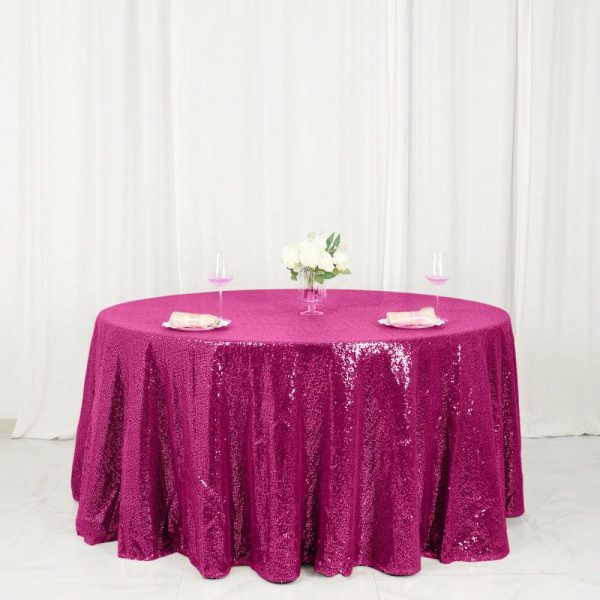 Sequin & Shimmer |  120″ Fuchsia Seamless Premium Sequin Round Tablecloth for 5 Foot Table With Floor-Length Drop