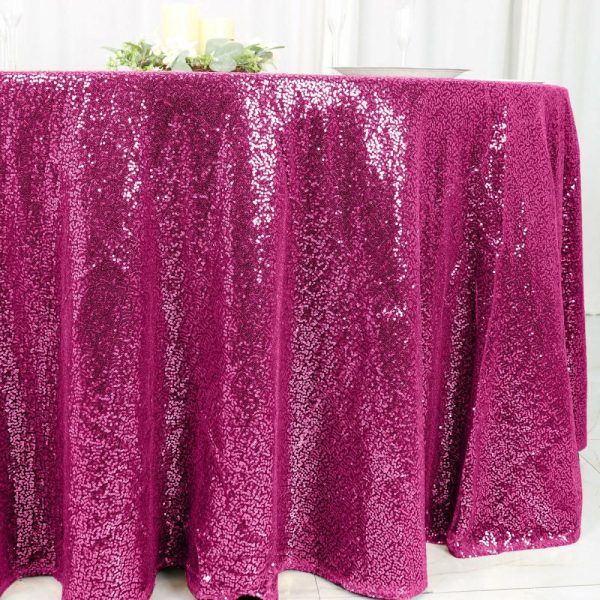 Sequin & Shimmer |  120″ Fuchsia Seamless Premium Sequin Round Tablecloth for 5 Foot Table With Floor-Length Drop