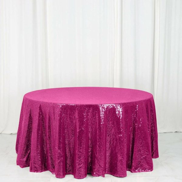 Sequin & Shimmer |  120″ Fuchsia Seamless Premium Sequin Round Tablecloth for 5 Foot Table With Floor-Length Drop