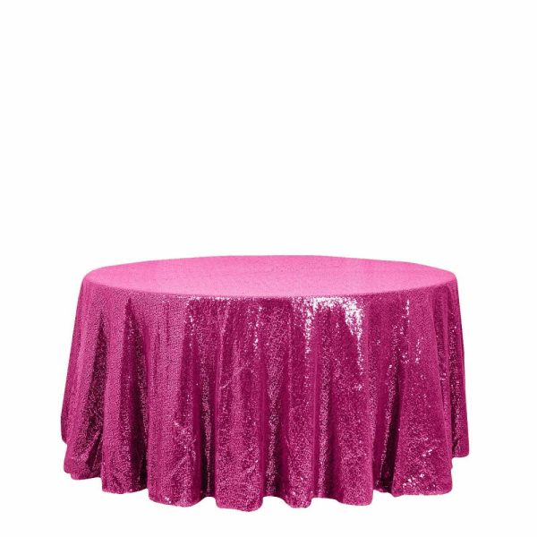 Sequin & Shimmer |  120″ Fuchsia Seamless Premium Sequin Round Tablecloth for 5 Foot Table With Floor-Length Drop