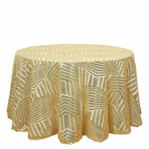 Sequin & Shimmer |  120″ Gold Seamless Diamond Glitz Sequin Round Tablecloth for 5 Foot Table With Floor-Length Drop