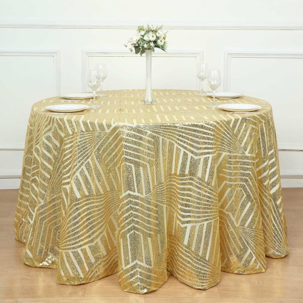 Sequin & Shimmer |  120″ Gold Seamless Diamond Glitz Sequin Round Tablecloth for 5 Foot Table With Floor-Length Drop