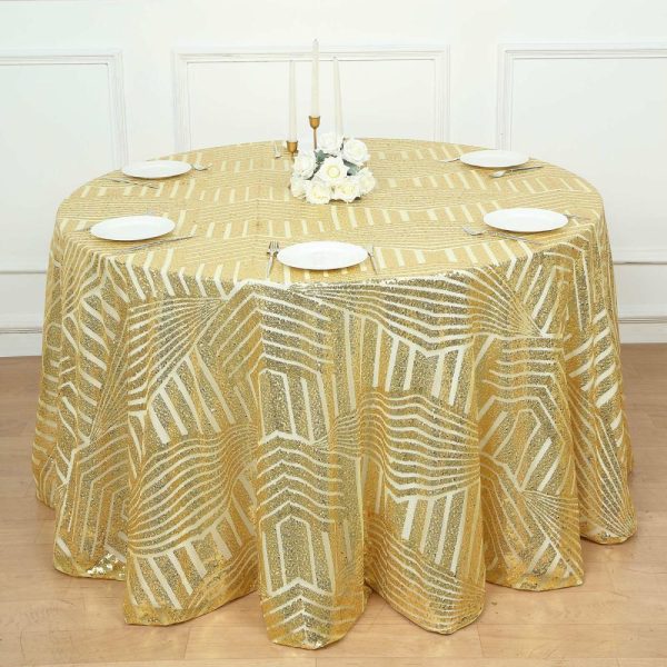 Sequin & Shimmer |  120″ Gold Seamless Diamond Glitz Sequin Round Tablecloth for 5 Foot Table With Floor-Length Drop