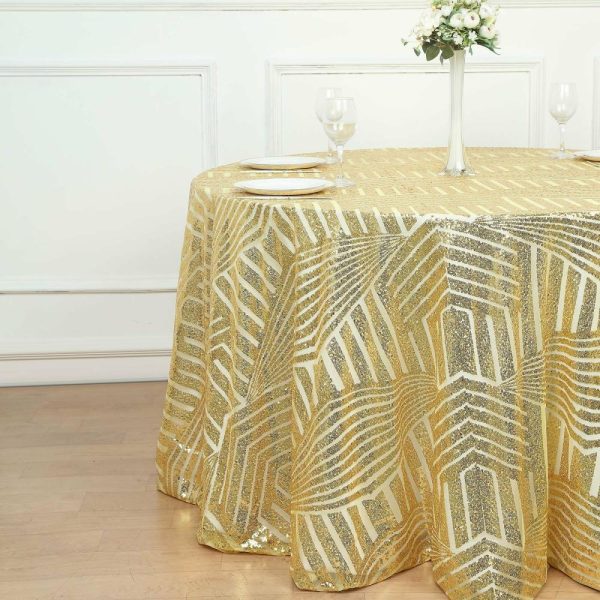 Sequin & Shimmer |  120″ Gold Seamless Diamond Glitz Sequin Round Tablecloth for 5 Foot Table With Floor-Length Drop