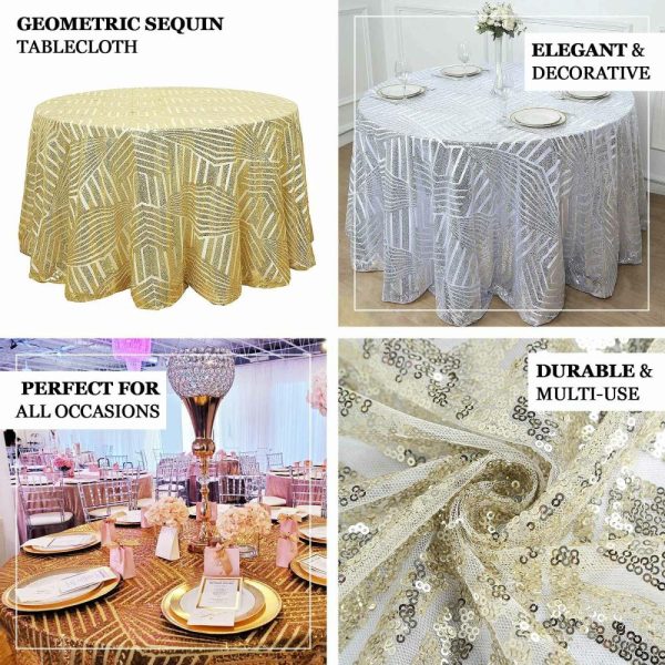 Sequin & Shimmer |  120″ Gold Seamless Diamond Glitz Sequin Round Tablecloth for 5 Foot Table With Floor-Length Drop