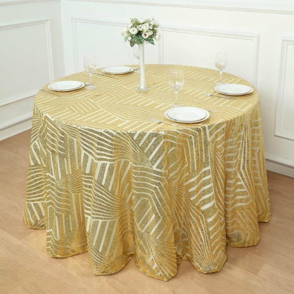 Sequin & Shimmer |  120″ Gold Seamless Diamond Glitz Sequin Round Tablecloth for 5 Foot Table With Floor-Length Drop