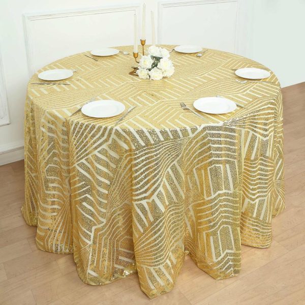 Sequin & Shimmer |  120″ Gold Seamless Diamond Glitz Sequin Round Tablecloth for 5 Foot Table With Floor-Length Drop