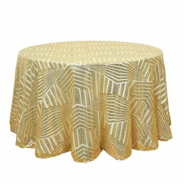 Sequin & Shimmer |  120″ Gold Seamless Diamond Glitz Sequin Round Tablecloth for 5 Foot Table With Floor-Length Drop