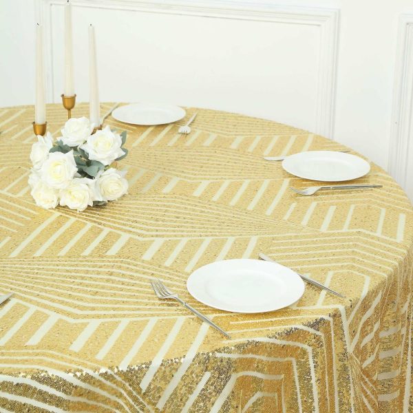 Sequin & Shimmer |  120″ Gold Seamless Diamond Glitz Sequin Round Tablecloth for 5 Foot Table With Floor-Length Drop