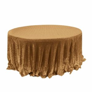 Sequin & Shimmer |  120″ Gold Seamless Premium Sequin Round Tablecloth for 5 Foot Table With Floor-Length Drop