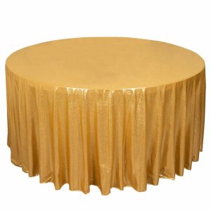 Sequin & Shimmer |  120″ Gold Shimmer Sequin Dots Polyester Tablecloth, Wrinkle Free Sparkle Glitter Table Cover for 5 Foot Table With Floor-Length Drop