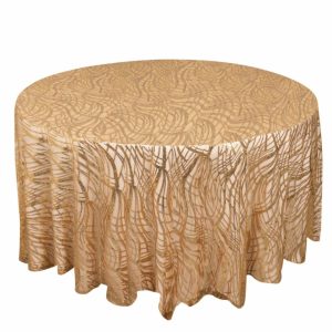 Sequin & Shimmer |  120″ Gold Wave Mesh Round Tablecloth With Embroidered Sequins for 5 Foot Table With Floor-Length Drop