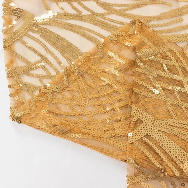 Sequin & Shimmer |  120″ Gold Wave Mesh Round Tablecloth With Embroidered Sequins for 5 Foot Table With Floor-Length Drop