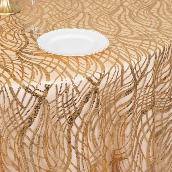 Sequin & Shimmer |  120″ Gold Wave Mesh Round Tablecloth With Embroidered Sequins for 5 Foot Table With Floor-Length Drop