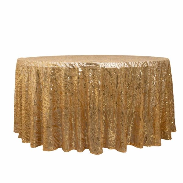 Sequin & Shimmer |  120″ Gold Wave Mesh Round Tablecloth With Embroidered Sequins for 5 Foot Table With Floor-Length Drop