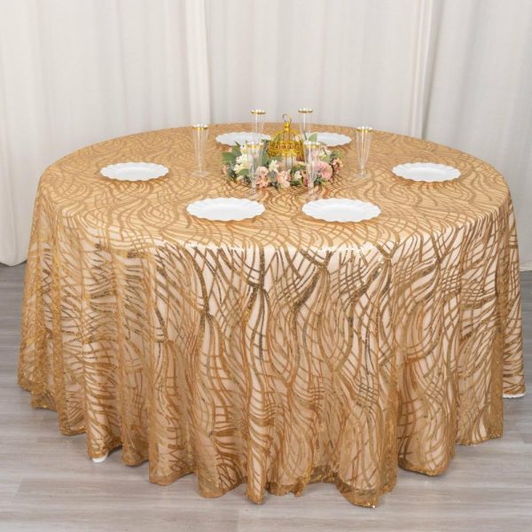 Sequin & Shimmer |  120″ Gold Wave Mesh Round Tablecloth With Embroidered Sequins for 5 Foot Table With Floor-Length Drop