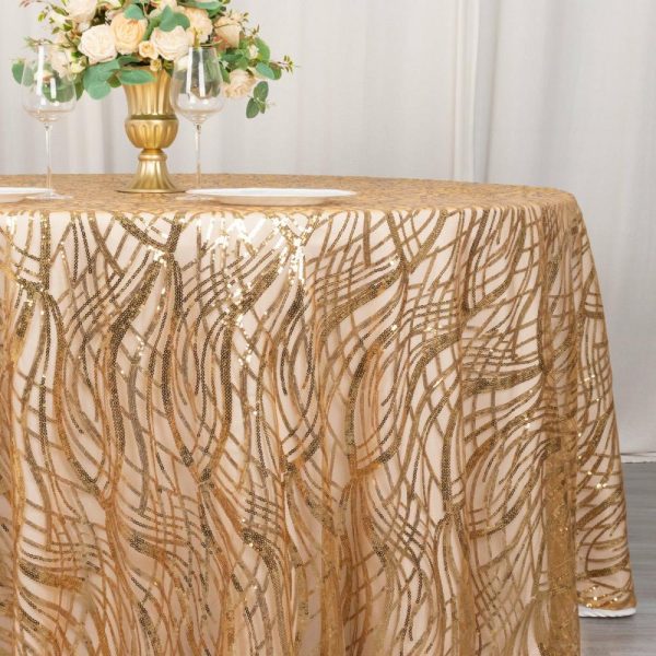 Sequin & Shimmer |  120″ Gold Wave Mesh Round Tablecloth With Embroidered Sequins for 5 Foot Table With Floor-Length Drop