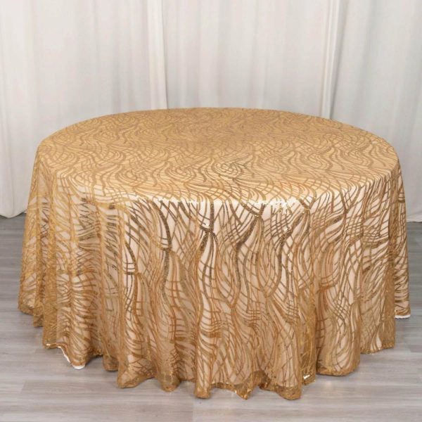 Sequin & Shimmer |  120″ Gold Wave Mesh Round Tablecloth With Embroidered Sequins for 5 Foot Table With Floor-Length Drop