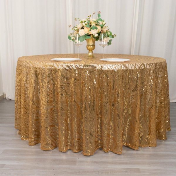 Sequin & Shimmer |  120″ Gold Wave Mesh Round Tablecloth With Embroidered Sequins for 5 Foot Table With Floor-Length Drop