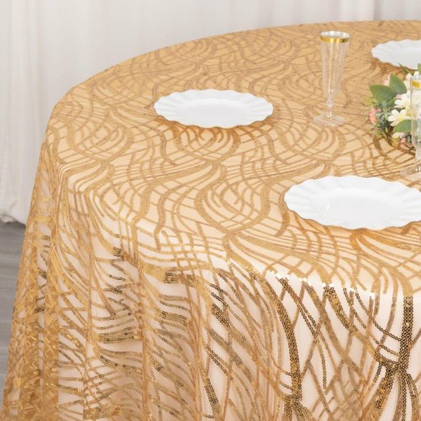 Sequin & Shimmer |  120″ Gold Wave Mesh Round Tablecloth With Embroidered Sequins for 5 Foot Table With Floor-Length Drop