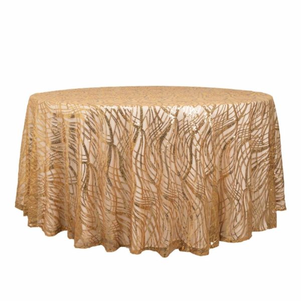 Sequin & Shimmer |  120″ Gold Wave Mesh Round Tablecloth With Embroidered Sequins for 5 Foot Table With Floor-Length Drop