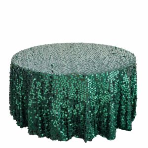 Sequin & Shimmer |  120″ Hunter Emerald Green Seamless Big Payette Sequin Round Tablecloth Premium Collection for 5 Foot Table With Floor-Length Drop