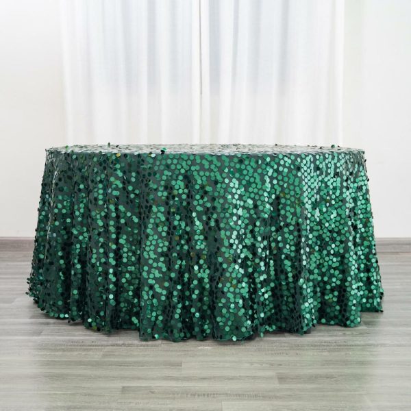 Sequin & Shimmer |  120″ Hunter Emerald Green Seamless Big Payette Sequin Round Tablecloth Premium Collection for 5 Foot Table With Floor-Length Drop