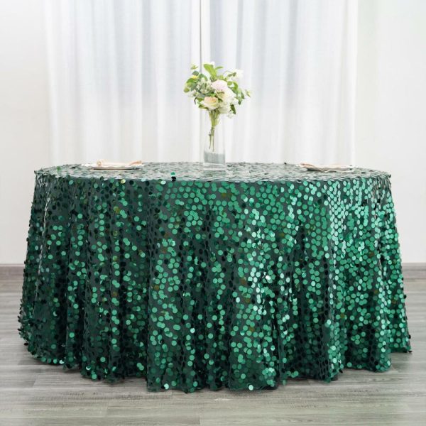 Sequin & Shimmer |  120″ Hunter Emerald Green Seamless Big Payette Sequin Round Tablecloth Premium Collection for 5 Foot Table With Floor-Length Drop