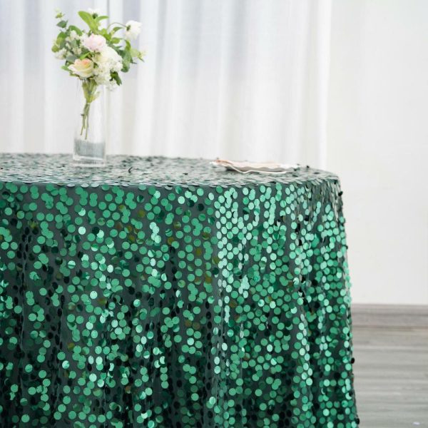 Sequin & Shimmer |  120″ Hunter Emerald Green Seamless Big Payette Sequin Round Tablecloth Premium Collection for 5 Foot Table With Floor-Length Drop