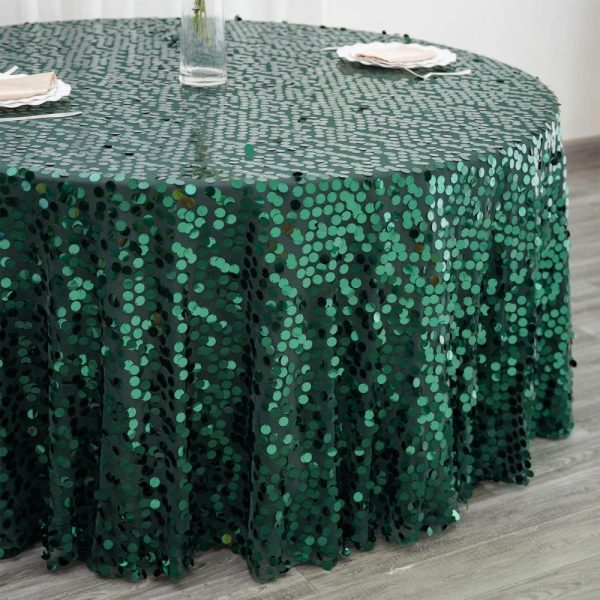 Sequin & Shimmer |  120″ Hunter Emerald Green Seamless Big Payette Sequin Round Tablecloth Premium Collection for 5 Foot Table With Floor-Length Drop