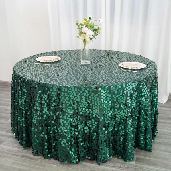 Sequin & Shimmer |  120″ Hunter Emerald Green Seamless Big Payette Sequin Round Tablecloth Premium Collection for 5 Foot Table With Floor-Length Drop