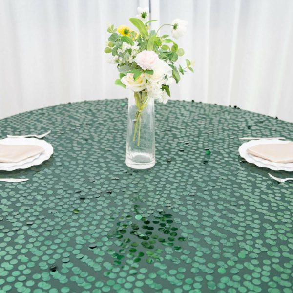 Sequin & Shimmer |  120″ Hunter Emerald Green Seamless Big Payette Sequin Round Tablecloth Premium Collection for 5 Foot Table With Floor-Length Drop