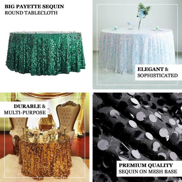 Sequin & Shimmer |  120″ Hunter Emerald Green Seamless Big Payette Sequin Round Tablecloth Premium Collection for 5 Foot Table With Floor-Length Drop