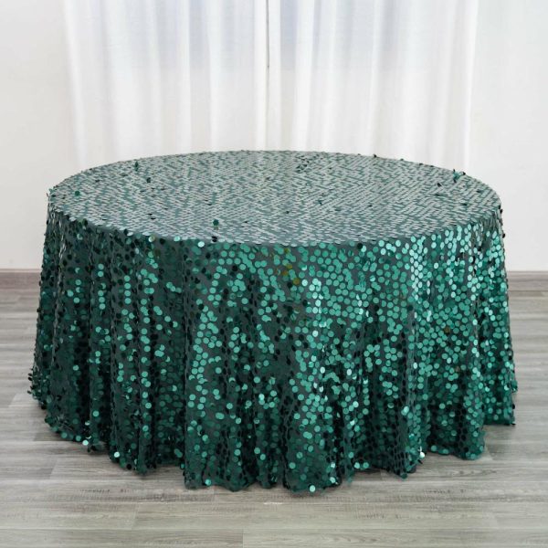 Sequin & Shimmer |  120″ Hunter Emerald Green Seamless Big Payette Sequin Round Tablecloth Premium Collection for 5 Foot Table With Floor-Length Drop