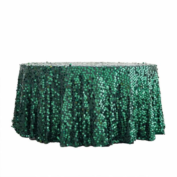 Sequin & Shimmer |  120″ Hunter Emerald Green Seamless Big Payette Sequin Round Tablecloth Premium Collection for 5 Foot Table With Floor-Length Drop