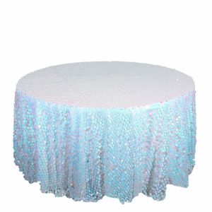 Sequin & Shimmer |  120″ Iridescent Blue Seamless Big Payette Sequin Round Tablecloth Premium Collection for 5 Foot Table With Floor-Length Drop