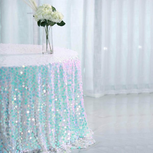 Sequin & Shimmer |  120″ Iridescent Blue Seamless Big Payette Sequin Round Tablecloth Premium Collection for 5 Foot Table With Floor-Length Drop