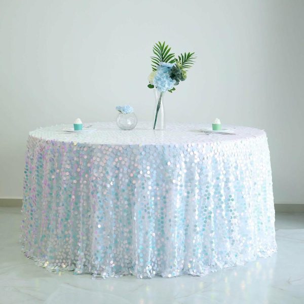 Sequin & Shimmer |  120″ Iridescent Blue Seamless Big Payette Sequin Round Tablecloth Premium Collection for 5 Foot Table With Floor-Length Drop