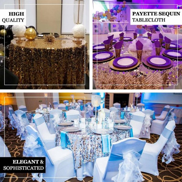 Sequin & Shimmer |  120″ Iridescent Blue Seamless Big Payette Sequin Round Tablecloth Premium Collection for 5 Foot Table With Floor-Length Drop