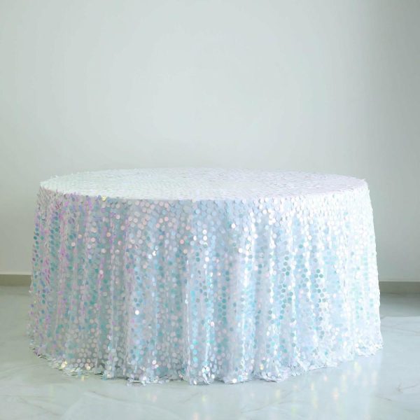 Sequin & Shimmer |  120″ Iridescent Blue Seamless Big Payette Sequin Round Tablecloth Premium Collection for 5 Foot Table With Floor-Length Drop