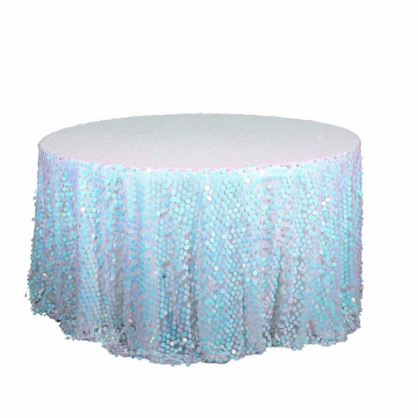 Sequin & Shimmer |  120″ Iridescent Blue Seamless Big Payette Sequin Round Tablecloth Premium Collection for 5 Foot Table With Floor-Length Drop