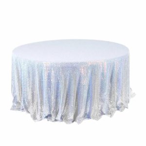 Sequin & Shimmer |  120″ Iridescent Blue Seamless Sequin Round Tablecloth Premium Collection for 5 Foot Table With Floor-Length Drop