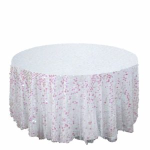 Sequin & Shimmer |  120″ Iridescent Seamless Big Payette Sequin Round Tablecloth Premium Collection for 5 Foot Table With Floor-Length Drop