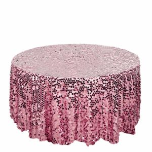 Sequin & Shimmer |  120″ Pink Seamless Big Payette Sequin Round Tablecloth Premium Collection for 5 Foot Table With Floor-Length Drop