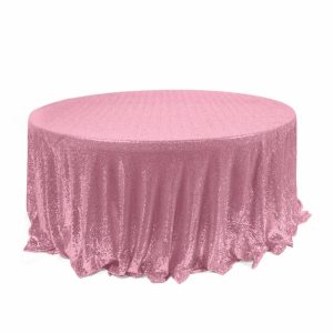 Sequin & Shimmer |  120″ Pink Seamless Premium Sequin Round Tablecloth for 5 Foot Table With Floor-Length Drop