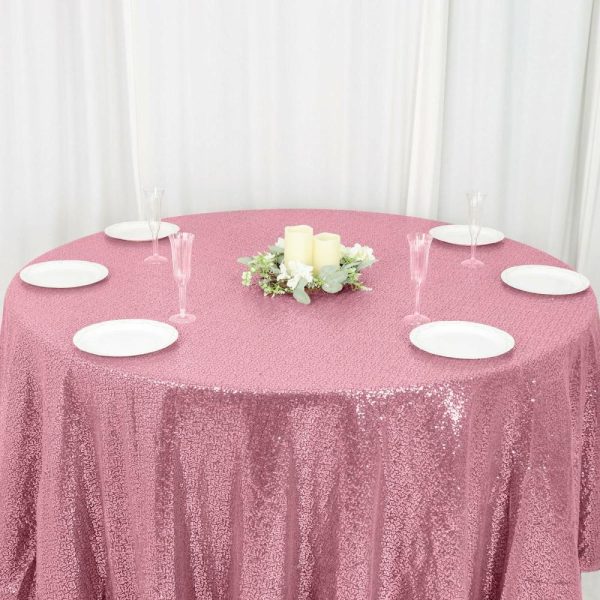 Sequin & Shimmer |  120″ Pink Seamless Premium Sequin Round Tablecloth for 5 Foot Table With Floor-Length Drop