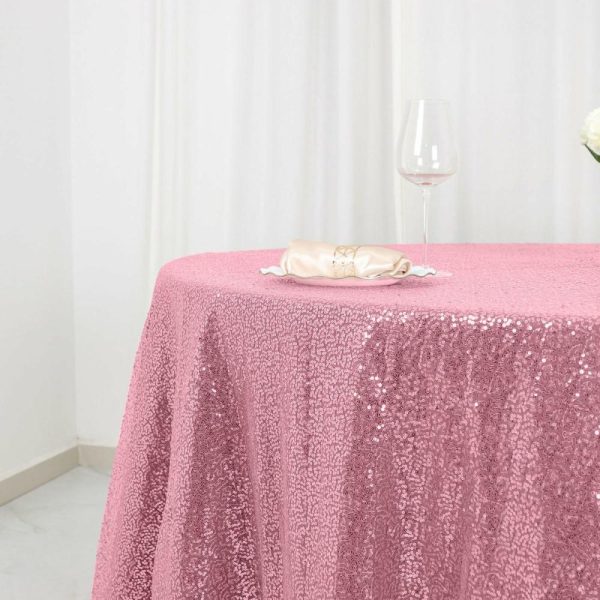 Sequin & Shimmer |  120″ Pink Seamless Premium Sequin Round Tablecloth for 5 Foot Table With Floor-Length Drop